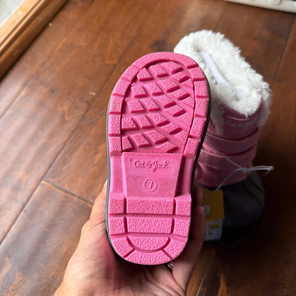 Cat & Jack Toddler Girls Pink Gray Waterproof Snow Boots Faux Fur Lined Size 7